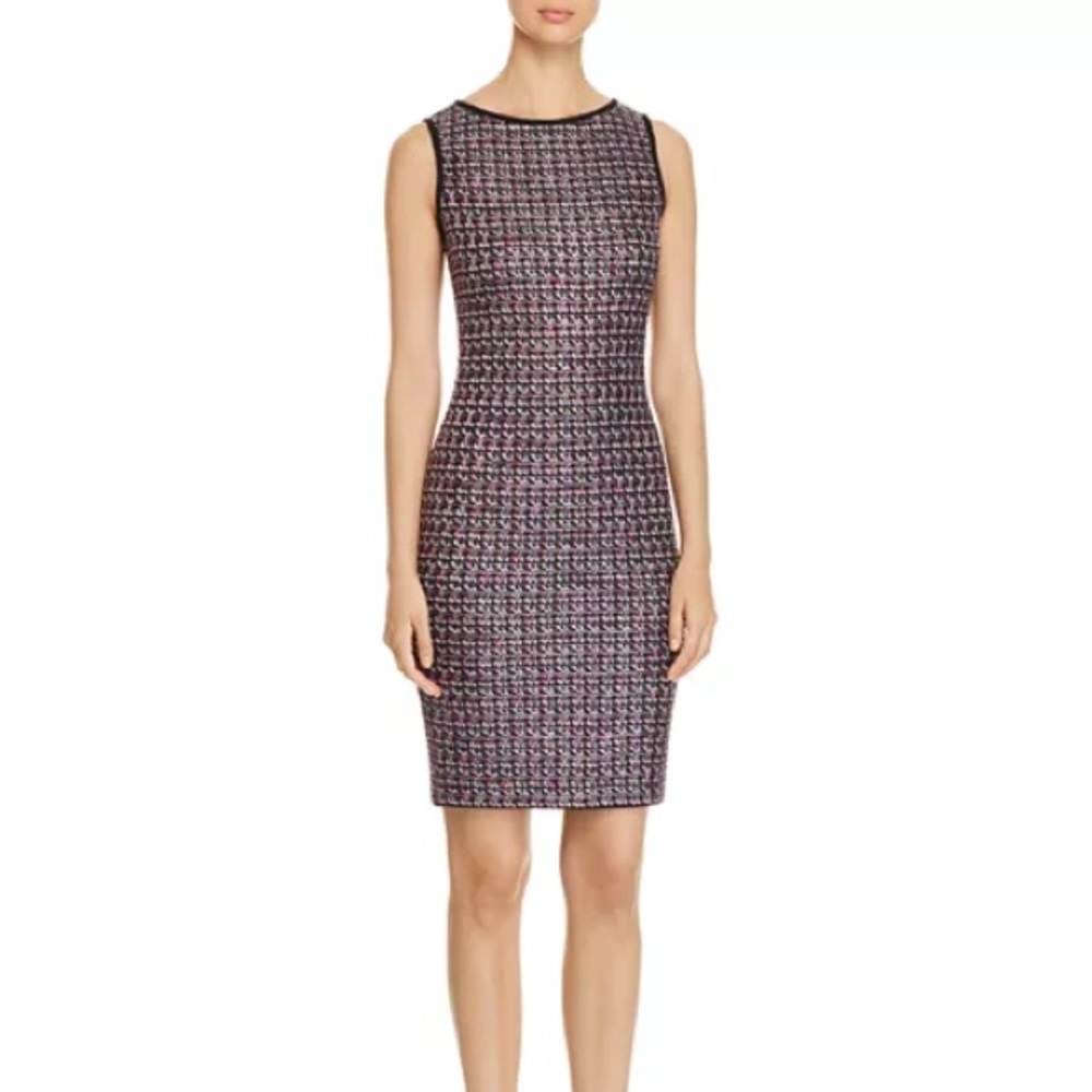 ST JOHN size 8 Painterly Tweed Sheath Dress Midi Knit  Sleeveless